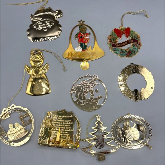 Vtg 80s 90s Gold Tone Brass Christmas Ornament Collection 10 Pc - Picture 1 of 11